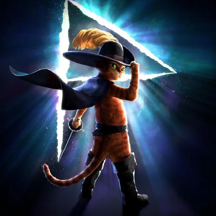  Puss standing in front of his iconic logo