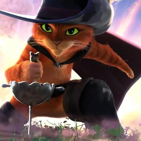  Puss triumphantly stabbing his rapier into the ground 