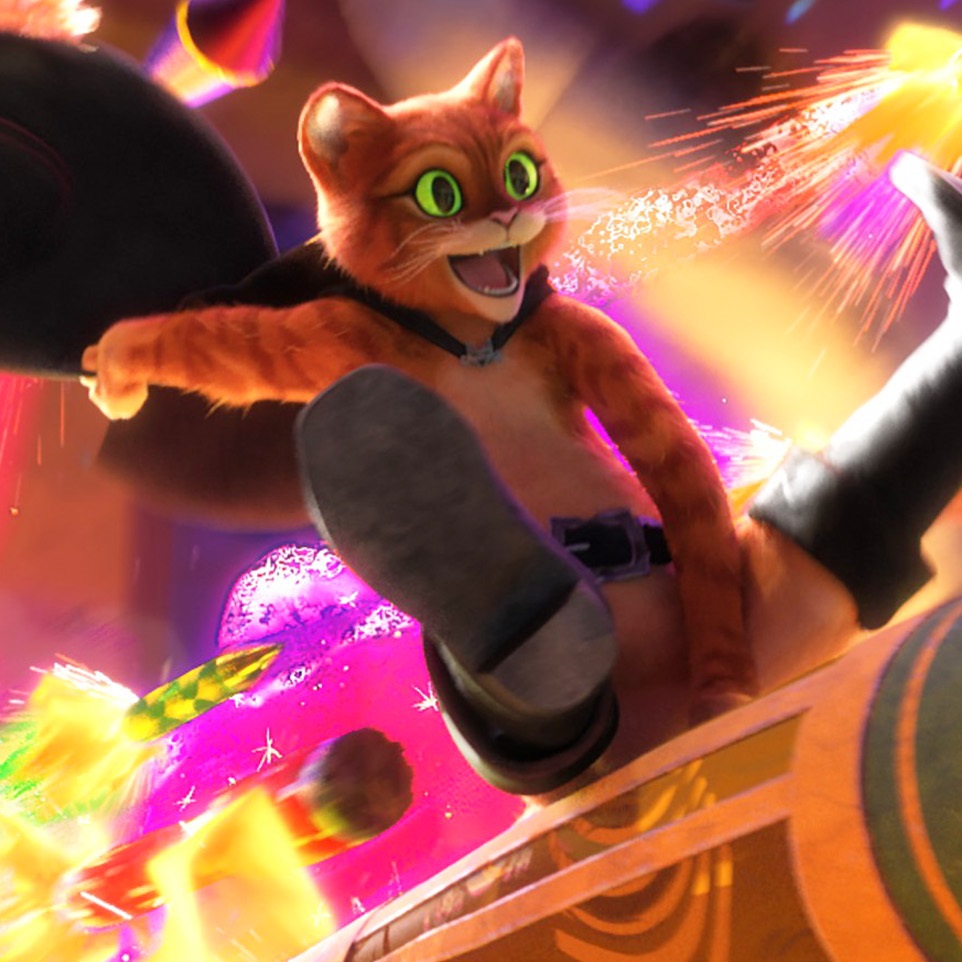  Puss riding a rocket with bursts of colors going off in the background