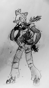 The first sketch of Xenos on paper with black pen.
