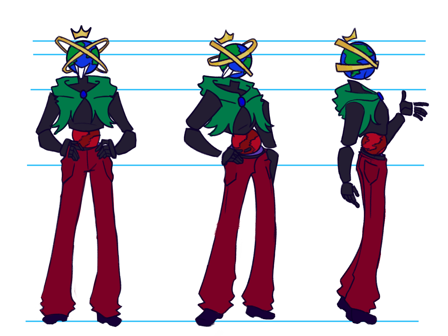 A turnaround sheet of Xenos showing his front, 3/4, and side view.