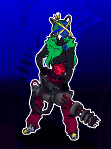 Artwork showing Xenos holding a big machine gun.