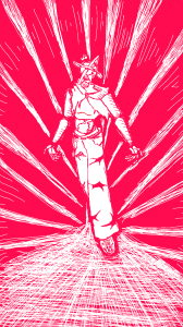 A drawing of Xenos with his lineart matching the background color of pinkish-red, and the only other color being the fills of white.